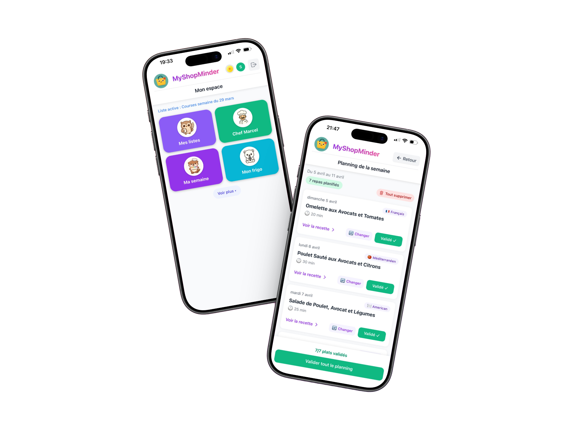 Aperçu MyShopMinder avec dashboard et planning Ma Semaine